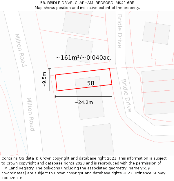 58, BRIDLE DRIVE, CLAPHAM, BEDFORD, MK41 6BB: Plot and title map