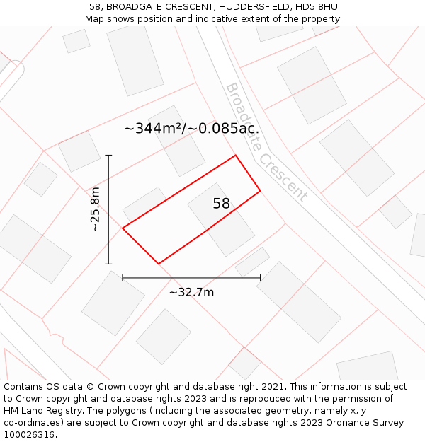 58, BROADGATE CRESCENT, HUDDERSFIELD, HD5 8HU: Plot and title map