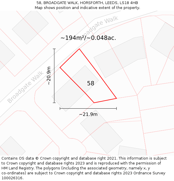 58, BROADGATE WALK, HORSFORTH, LEEDS, LS18 4HB: Plot and title map