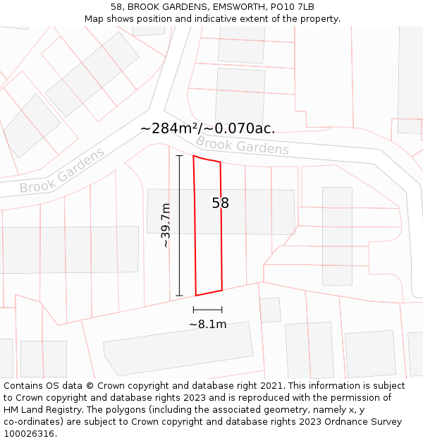58, BROOK GARDENS, EMSWORTH, PO10 7LB: Plot and title map