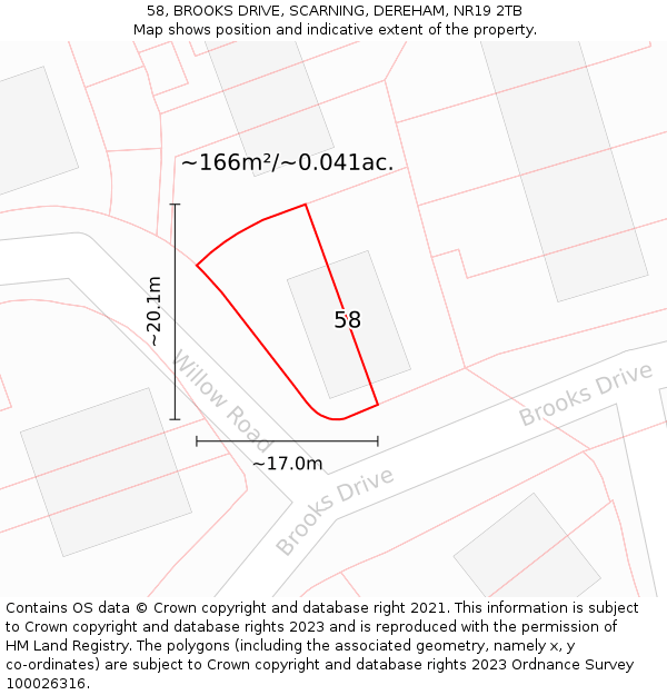 58, BROOKS DRIVE, SCARNING, DEREHAM, NR19 2TB: Plot and title map