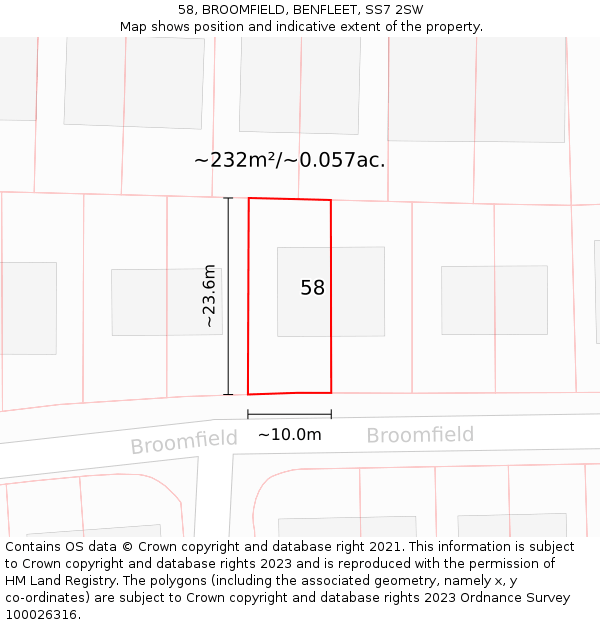 58, BROOMFIELD, BENFLEET, SS7 2SW: Plot and title map