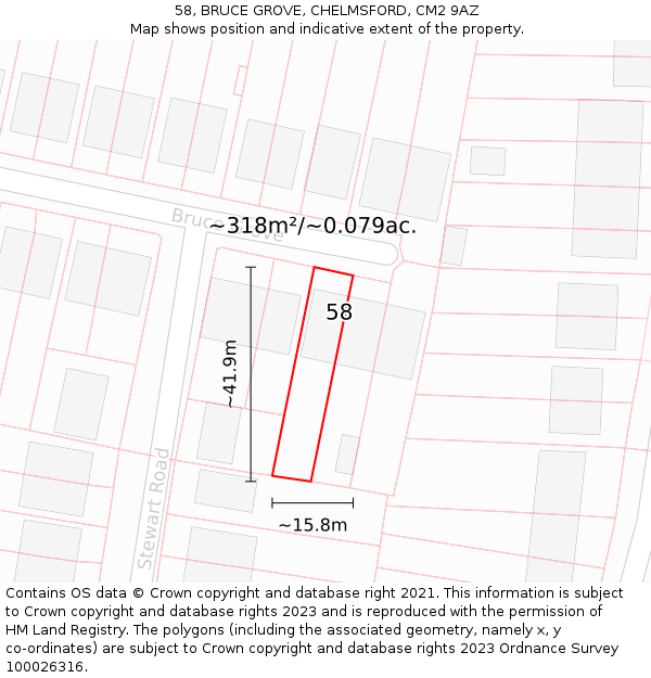 58, BRUCE GROVE, CHELMSFORD, CM2 9AZ: Plot and title map