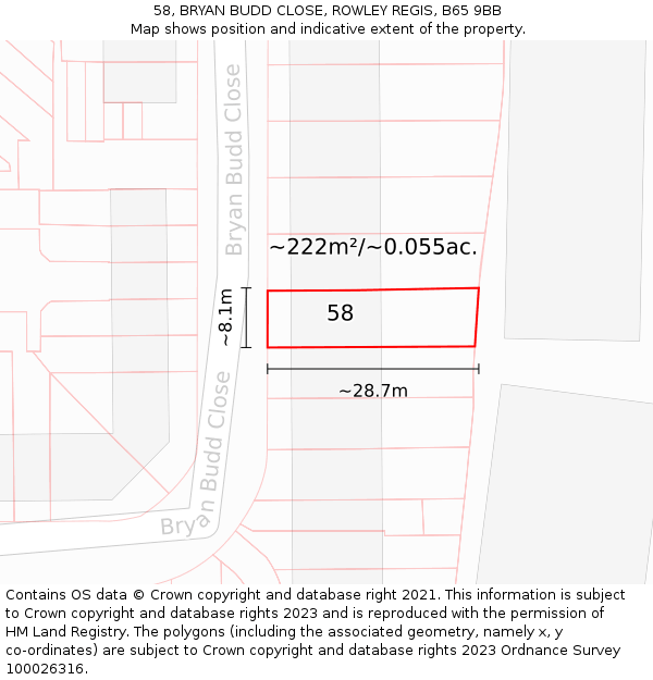 58, BRYAN BUDD CLOSE, ROWLEY REGIS, B65 9BB: Plot and title map