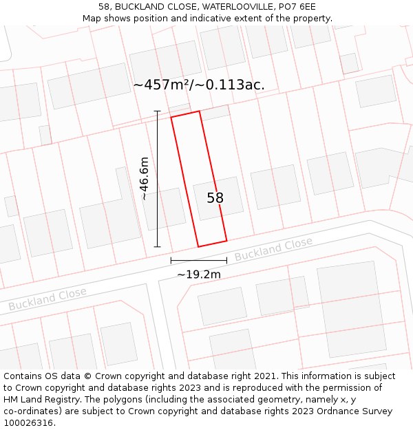 58, BUCKLAND CLOSE, WATERLOOVILLE, PO7 6EE: Plot and title map