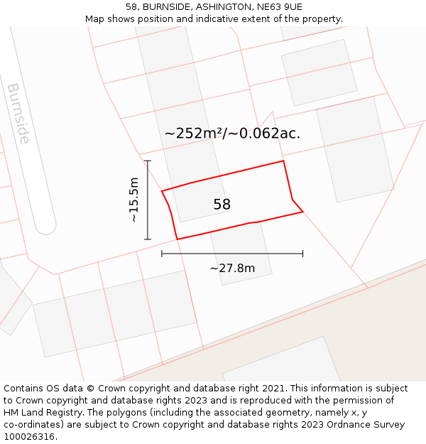 58, BURNSIDE, ASHINGTON, NE63 9UE: Plot and title map
