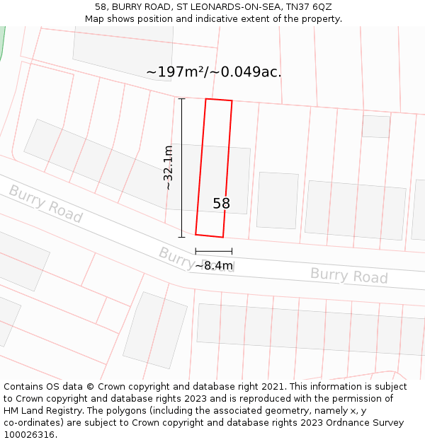 58, BURRY ROAD, ST LEONARDS-ON-SEA, TN37 6QZ: Plot and title map