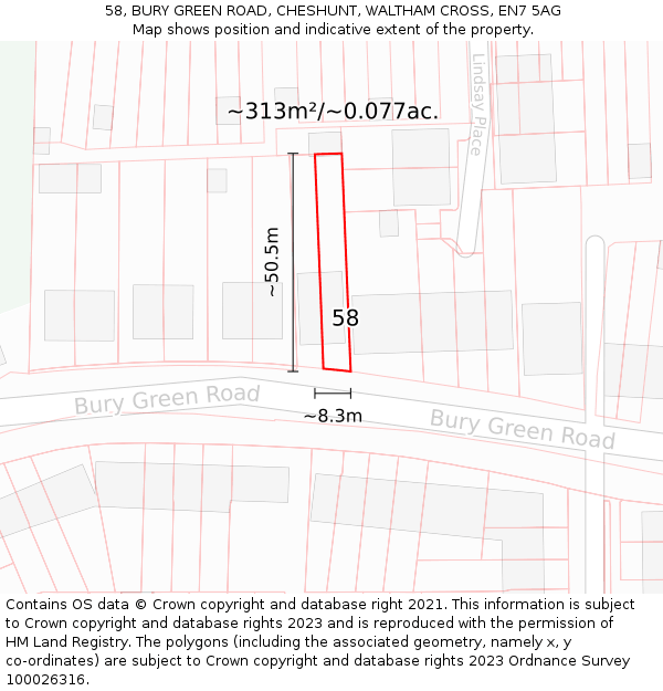 58, BURY GREEN ROAD, CHESHUNT, WALTHAM CROSS, EN7 5AG: Plot and title map