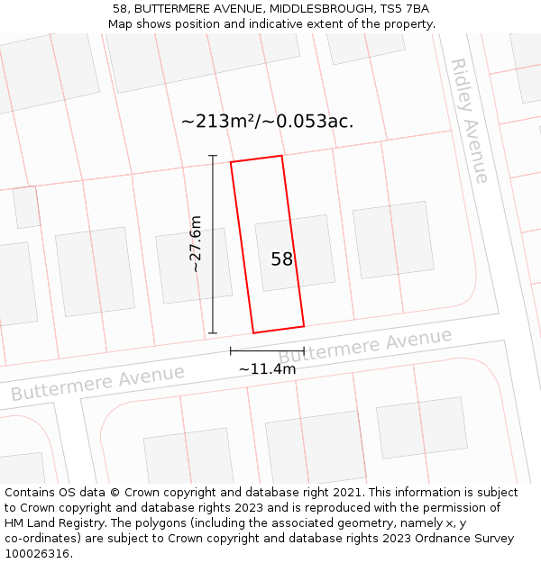 58, BUTTERMERE AVENUE, MIDDLESBROUGH, TS5 7BA: Plot and title map