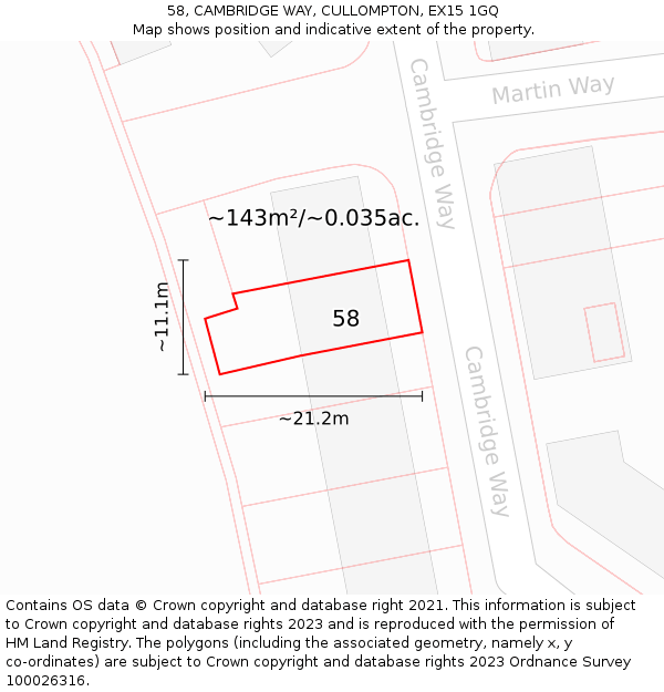 58, CAMBRIDGE WAY, CULLOMPTON, EX15 1GQ: Plot and title map