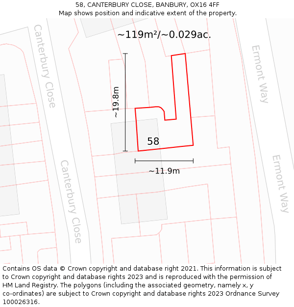58, CANTERBURY CLOSE, BANBURY, OX16 4FF: Plot and title map