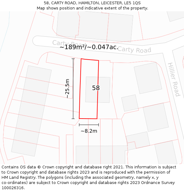 58, CARTY ROAD, HAMILTON, LEICESTER, LE5 1QS: Plot and title map