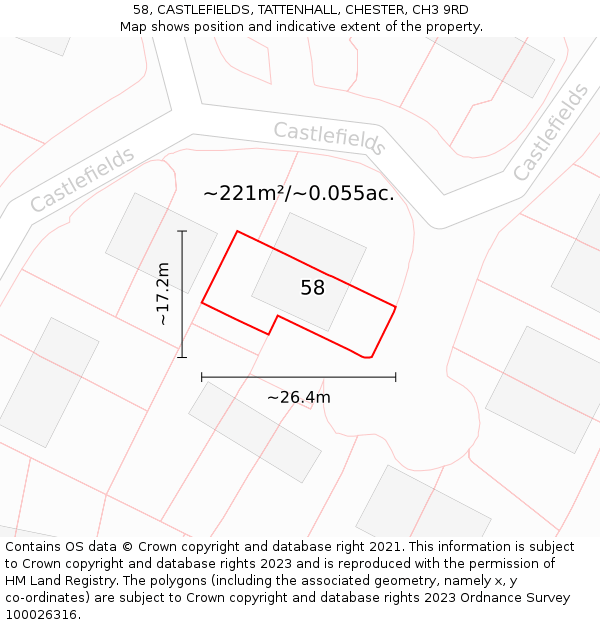 58, CASTLEFIELDS, TATTENHALL, CHESTER, CH3 9RD: Plot and title map
