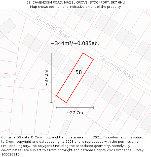 58, CAVENDISH ROAD, HAZEL GROVE, STOCKPORT, SK7 6HU: Plot and title map