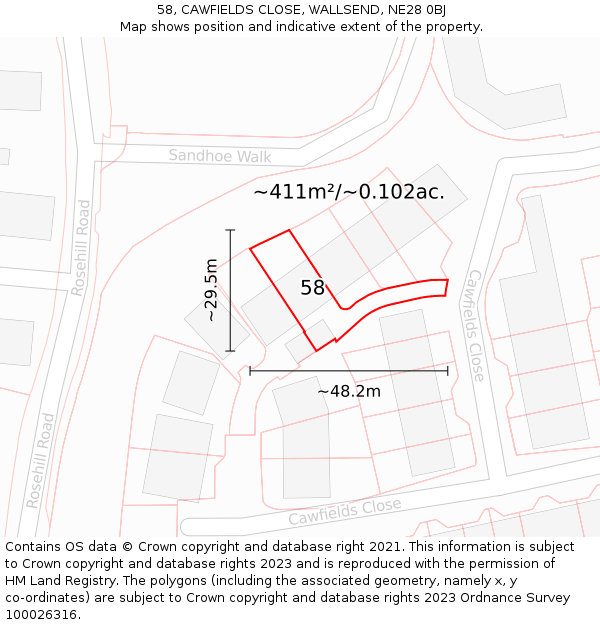 58, CAWFIELDS CLOSE, WALLSEND, NE28 0BJ: Plot and title map