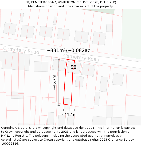 58, CEMETERY ROAD, WINTERTON, SCUNTHORPE, DN15 9UQ: Plot and title map