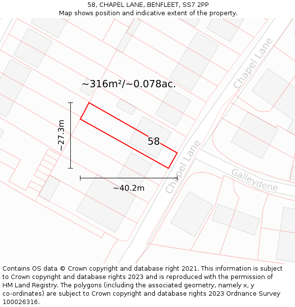 58, CHAPEL LANE, BENFLEET, SS7 2PP: Plot and title map