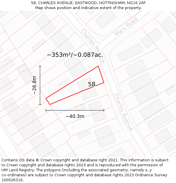 58, CHARLES AVENUE, EASTWOOD, NOTTINGHAM, NG16 2AF: Plot and title map