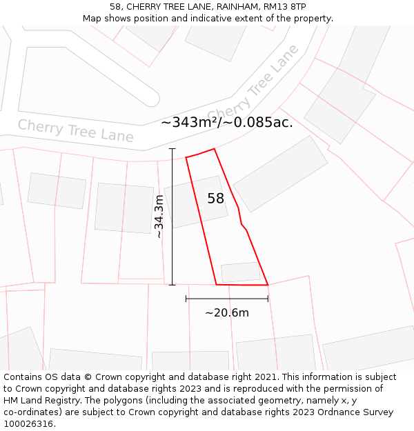 58, CHERRY TREE LANE, RAINHAM, RM13 8TP: Plot and title map