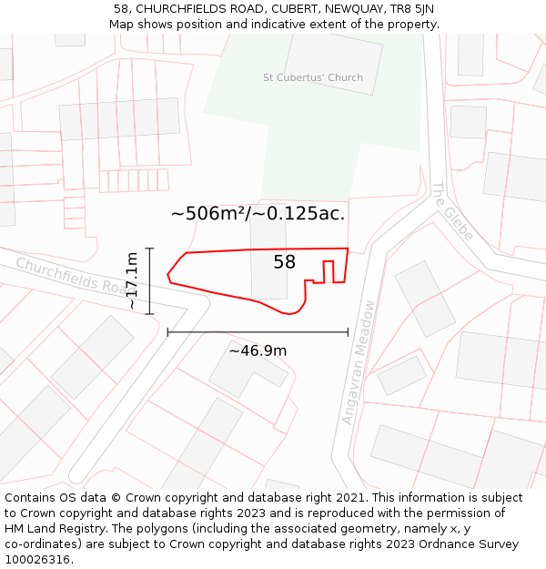 58, CHURCHFIELDS ROAD, CUBERT, NEWQUAY, TR8 5JN: Plot and title map