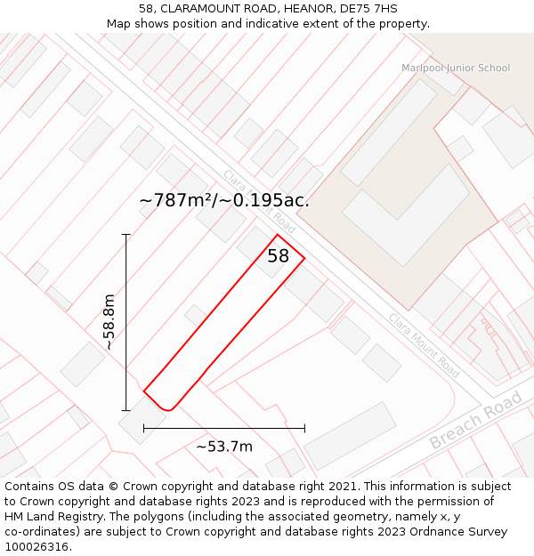 58, CLARAMOUNT ROAD, HEANOR, DE75 7HS: Plot and title map