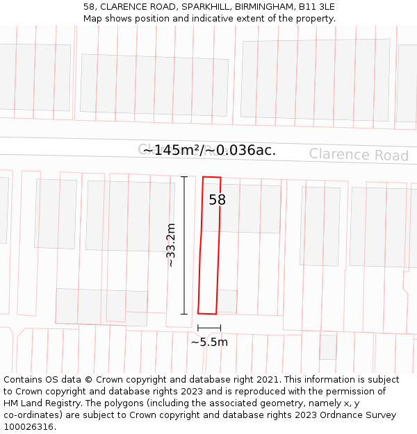 58, CLARENCE ROAD, SPARKHILL, BIRMINGHAM, B11 3LE: Plot and title map