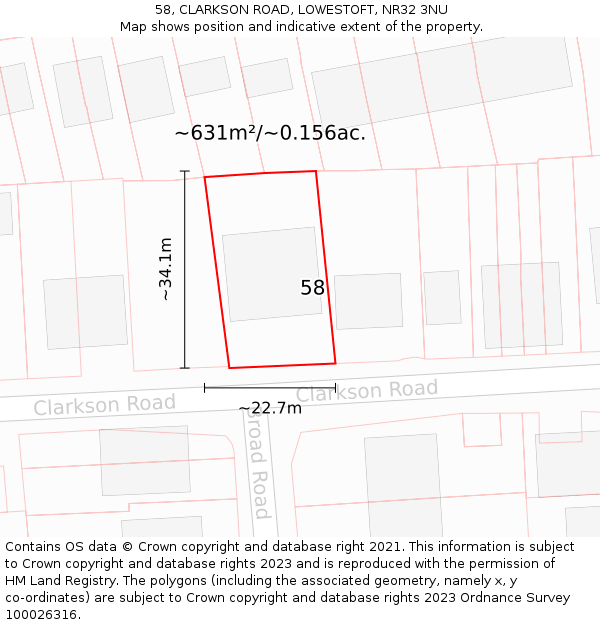 58, CLARKSON ROAD, LOWESTOFT, NR32 3NU: Plot and title map