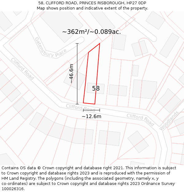 58, CLIFFORD ROAD, PRINCES RISBOROUGH, HP27 0DP: Plot and title map