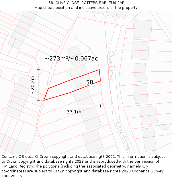 58, CLIVE CLOSE, POTTERS BAR, EN6 2AE: Plot and title map