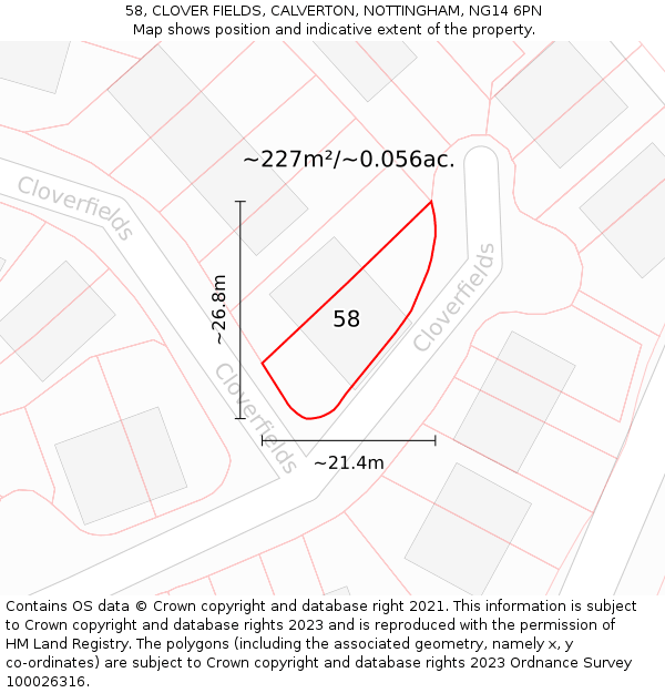 58, CLOVER FIELDS, CALVERTON, NOTTINGHAM, NG14 6PN: Plot and title map