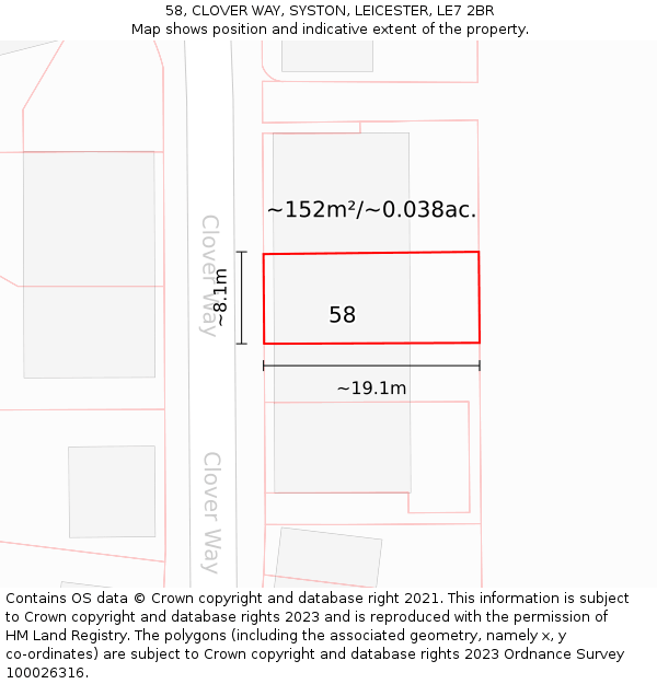 58, CLOVER WAY, SYSTON, LEICESTER, LE7 2BR: Plot and title map
