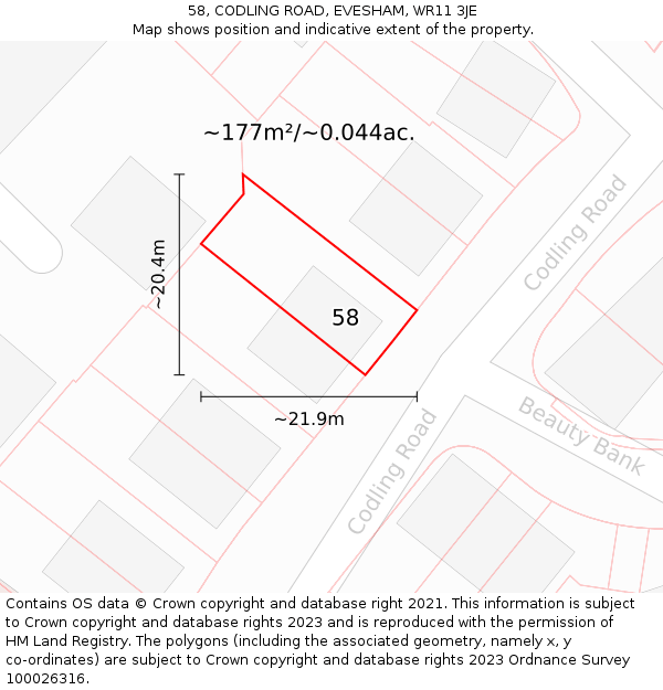 58, CODLING ROAD, EVESHAM, WR11 3JE: Plot and title map