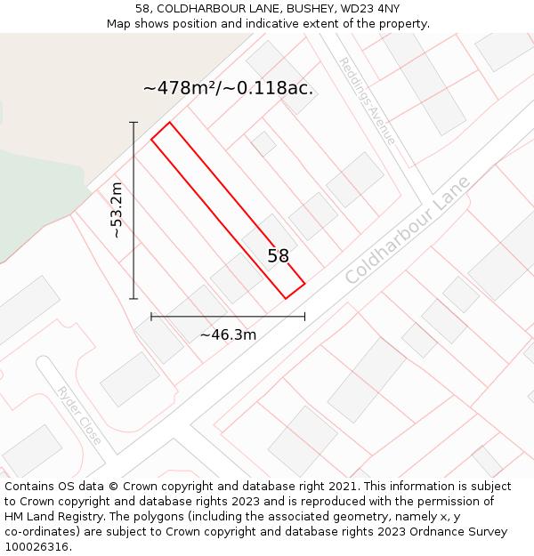 58, COLDHARBOUR LANE, BUSHEY, WD23 4NY: Plot and title map