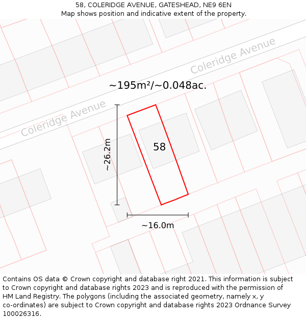 58, COLERIDGE AVENUE, GATESHEAD, NE9 6EN: Plot and title map