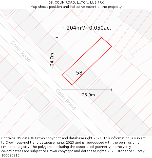 58, COLIN ROAD, LUTON, LU2 7RX: Plot and title map