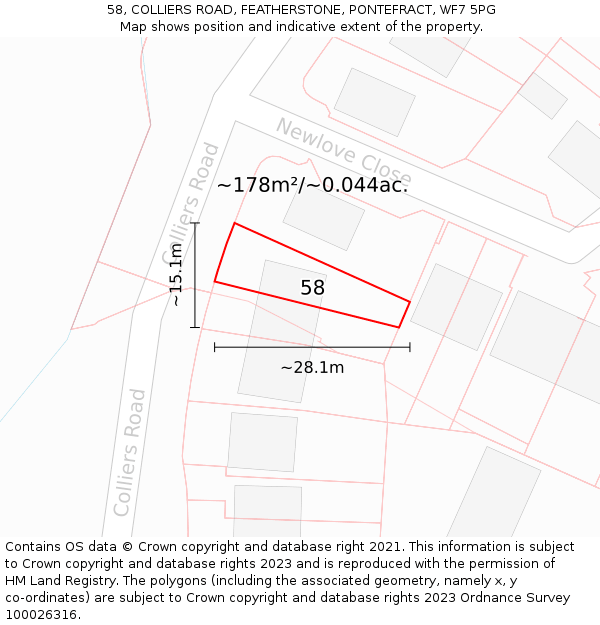 58, COLLIERS ROAD, FEATHERSTONE, PONTEFRACT, WF7 5PG: Plot and title map