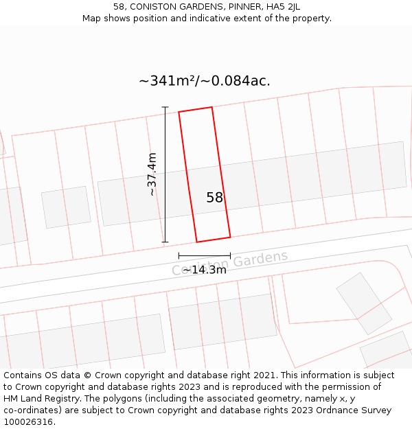 58, CONISTON GARDENS, PINNER, HA5 2JL: Plot and title map