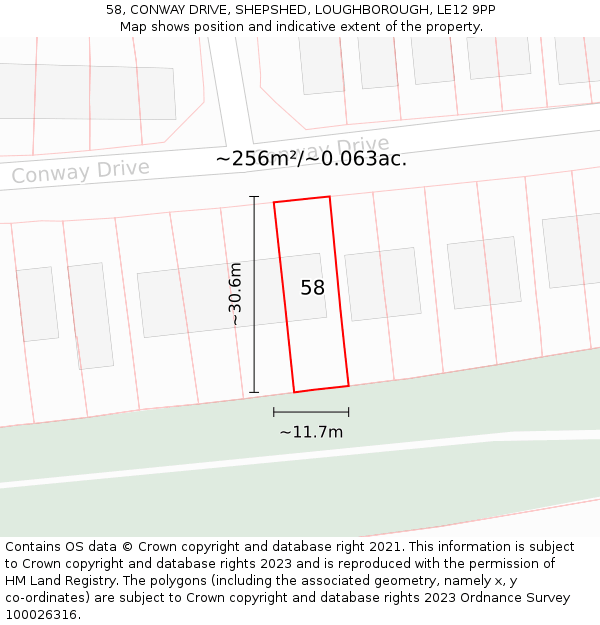 58, CONWAY DRIVE, SHEPSHED, LOUGHBOROUGH, LE12 9PP: Plot and title map