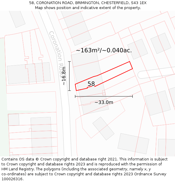 58, CORONATION ROAD, BRIMINGTON, CHESTERFIELD, S43 1EX: Plot and title map