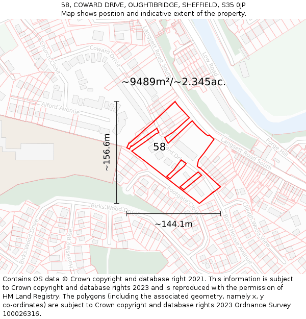 58, COWARD DRIVE, OUGHTIBRIDGE, SHEFFIELD, S35 0JP: Plot and title map