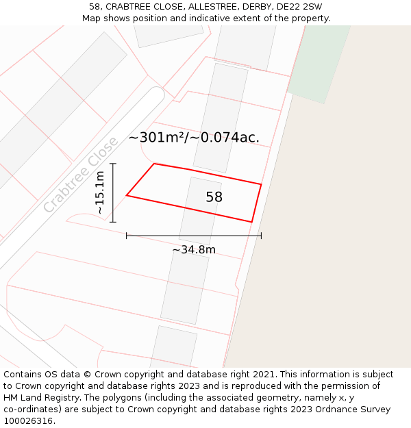 58, CRABTREE CLOSE, ALLESTREE, DERBY, DE22 2SW: Plot and title map