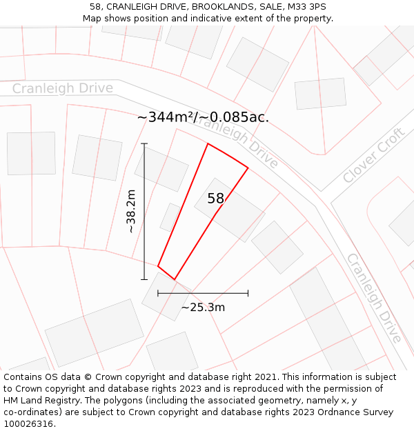 58, CRANLEIGH DRIVE, BROOKLANDS, SALE, M33 3PS: Plot and title map