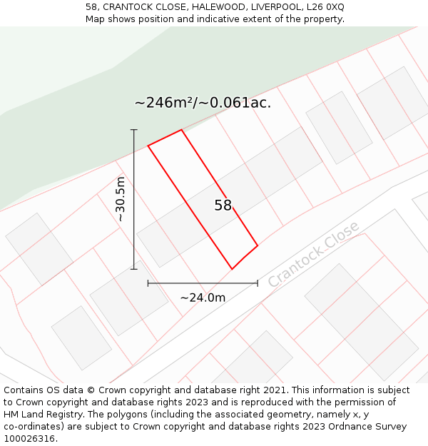58, CRANTOCK CLOSE, HALEWOOD, LIVERPOOL, L26 0XQ: Plot and title map