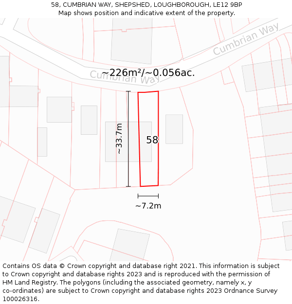 58, CUMBRIAN WAY, SHEPSHED, LOUGHBOROUGH, LE12 9BP: Plot and title map
