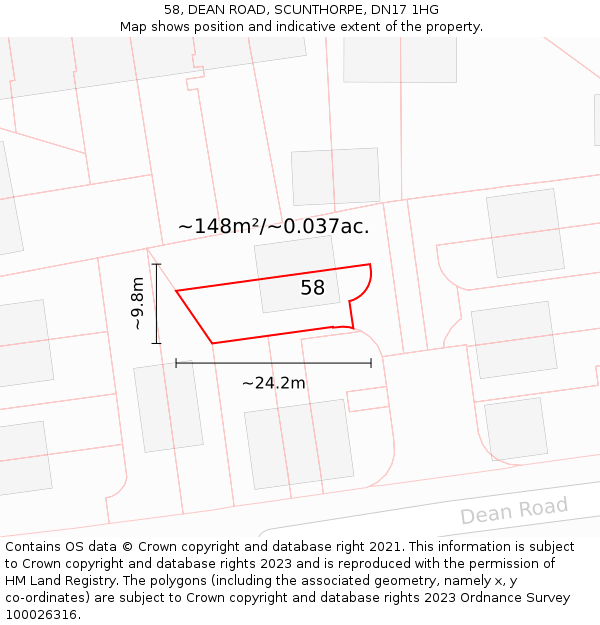 58, DEAN ROAD, SCUNTHORPE, DN17 1HG: Plot and title map