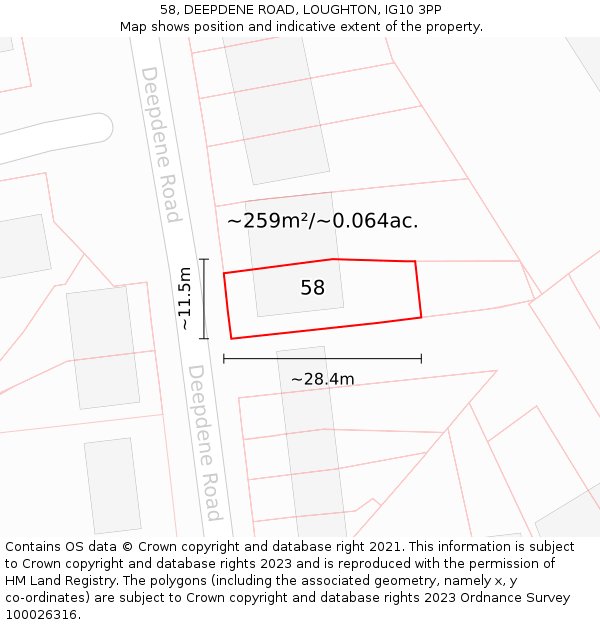 58, DEEPDENE ROAD, LOUGHTON, IG10 3PP: Plot and title map