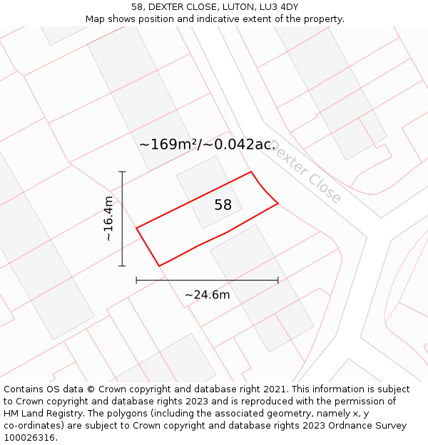 58, DEXTER CLOSE, LUTON, LU3 4DY: Plot and title map