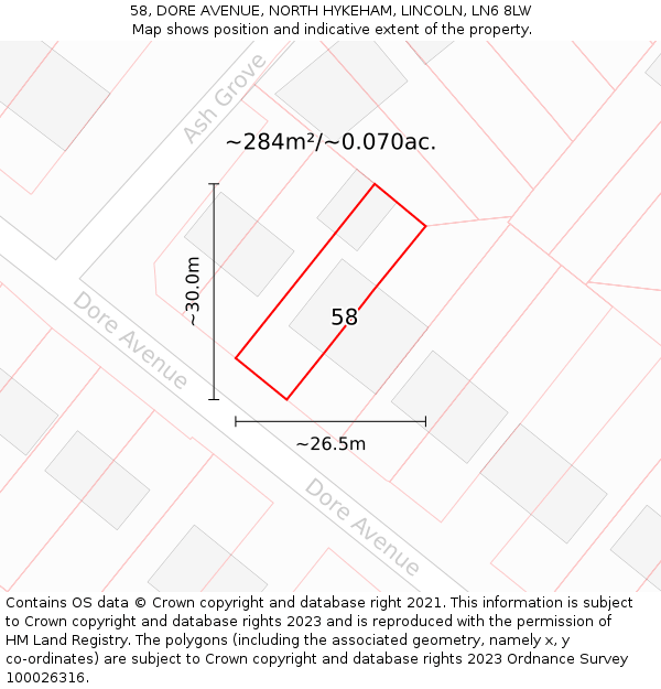 58, DORE AVENUE, NORTH HYKEHAM, LINCOLN, LN6 8LW: Plot and title map