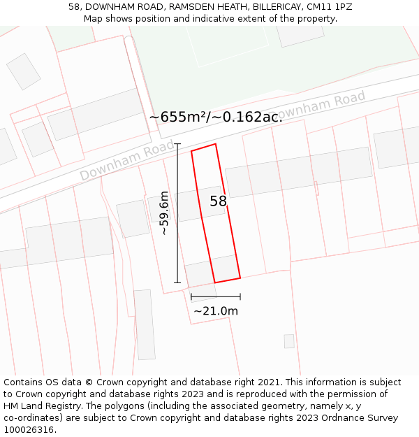 58, DOWNHAM ROAD, RAMSDEN HEATH, BILLERICAY, CM11 1PZ: Plot and title map