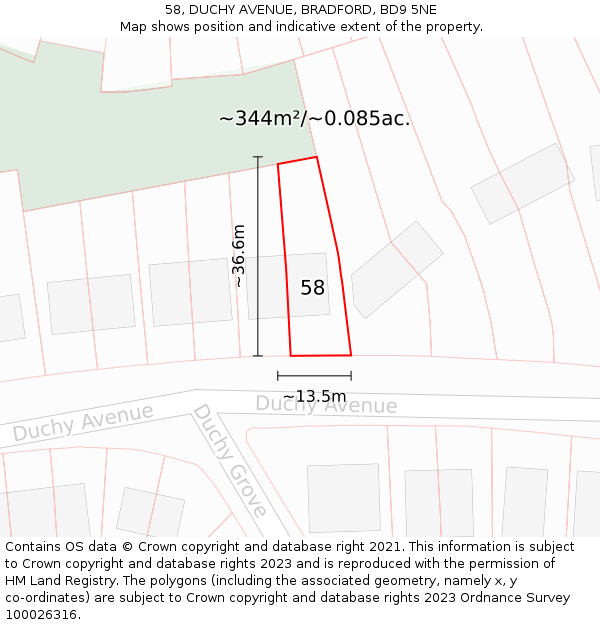 58, DUCHY AVENUE, BRADFORD, BD9 5NE: Plot and title map